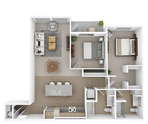 Floor plan for 2 beds, 2 baths, 1101 sqft